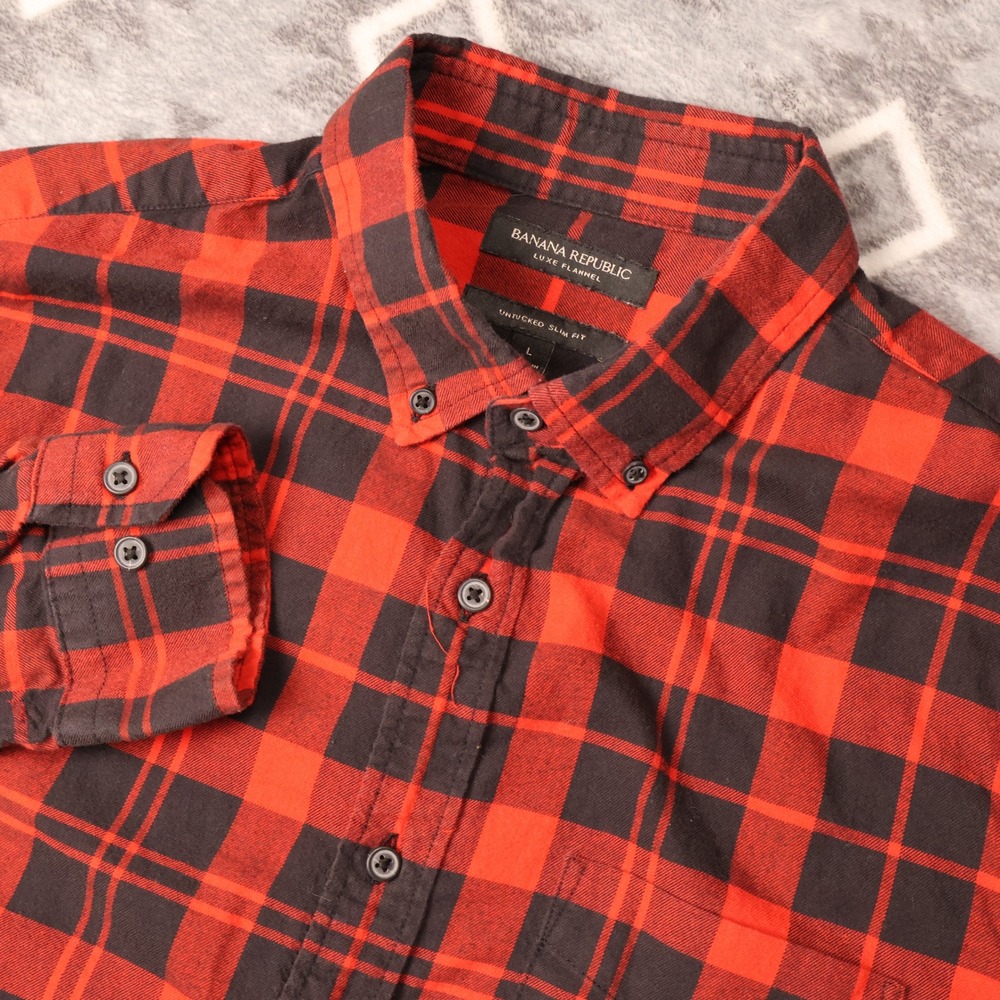Banana Republic Luxe Flannel Red Black Plaid Untucked Slim Fit Shirt Large